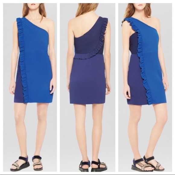 Sandro Rdv Blue One Shoulder Ruffled Crepe Mini Dress - Picture 2 of 14